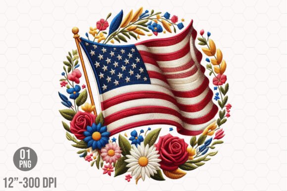Embroidery Floral America Flag
