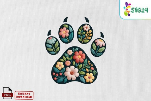 Floral Paw Print Patch Embroidery PNG