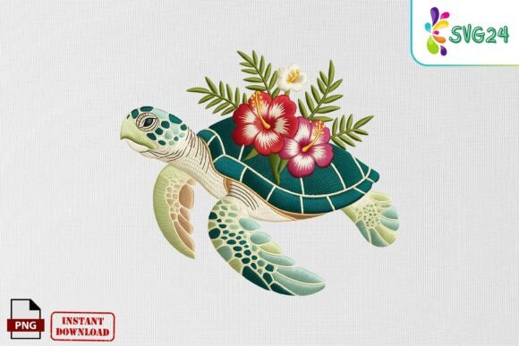 Floral Sea Turtle Embroidery Art PNG
