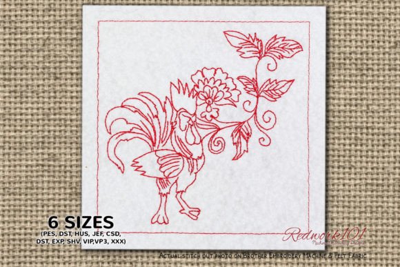 Rooster with Floral Pattern Redwork