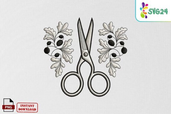 Scissors Floral Embroidery PNG