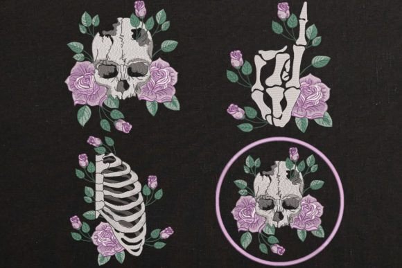 Set of 4 Roses Skull and Skeleton Black