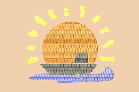 Sunset Fishing Boat Embroidery